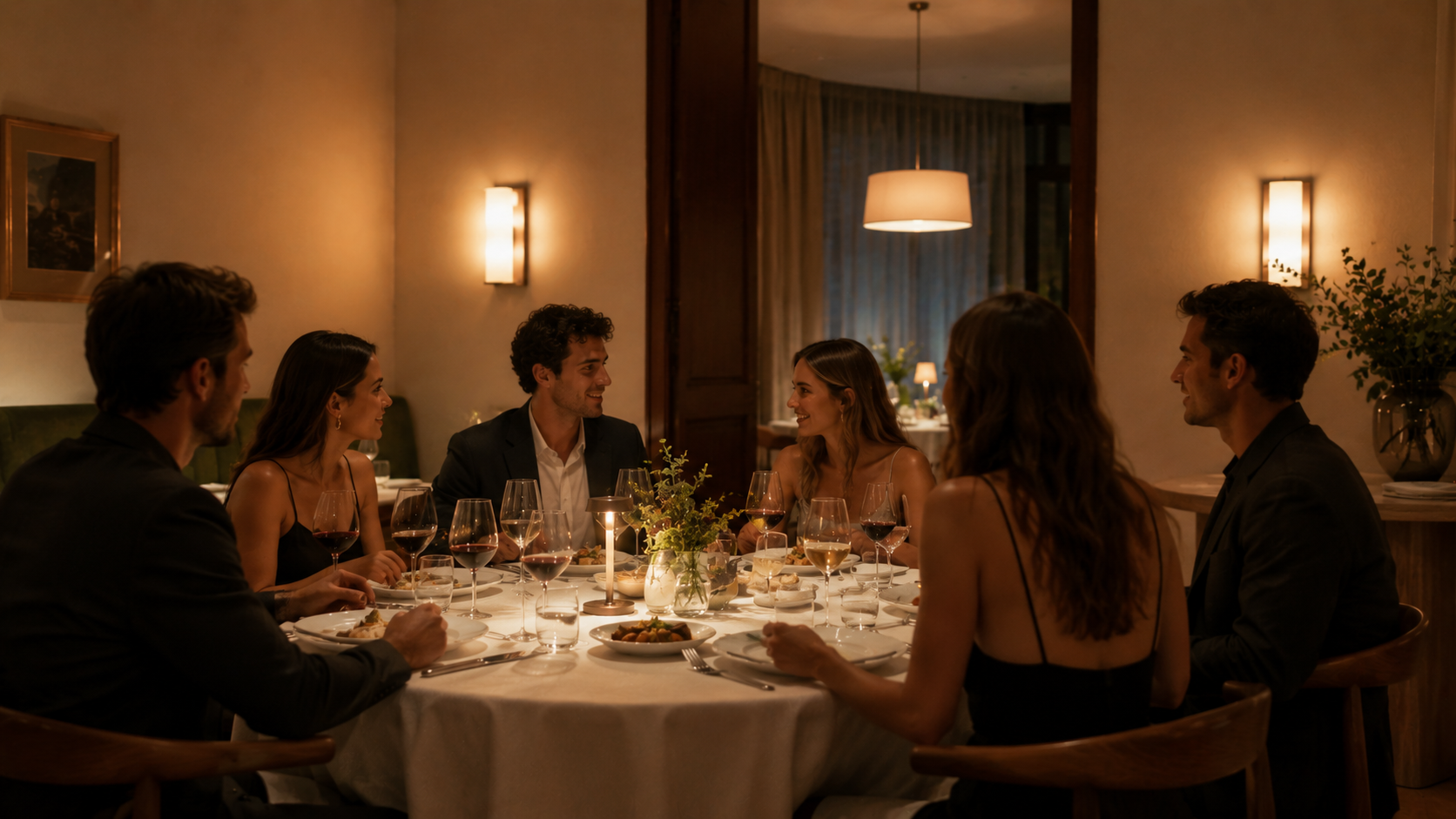 The Table photograph, wide, candlelit, mid-conversation