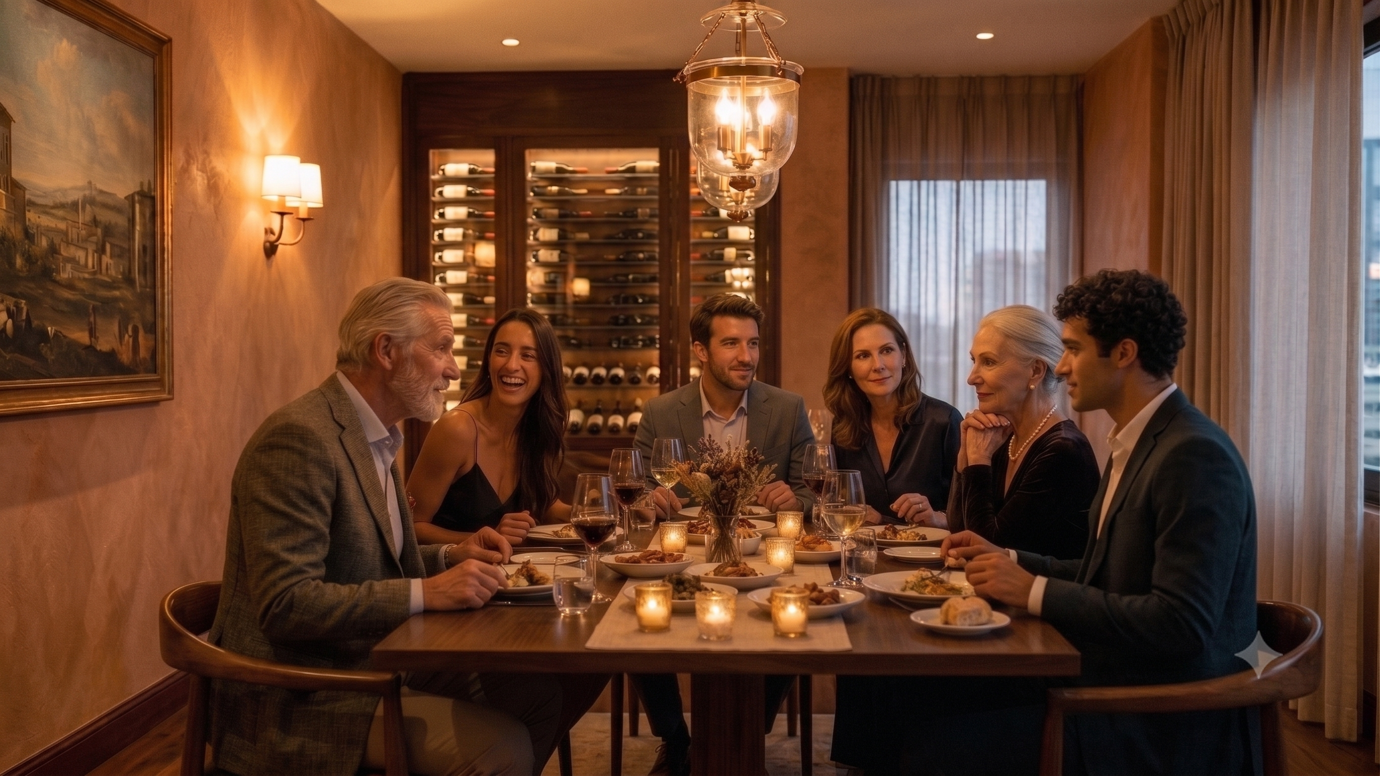 A Thursday Table, candlelit, mid-laugh